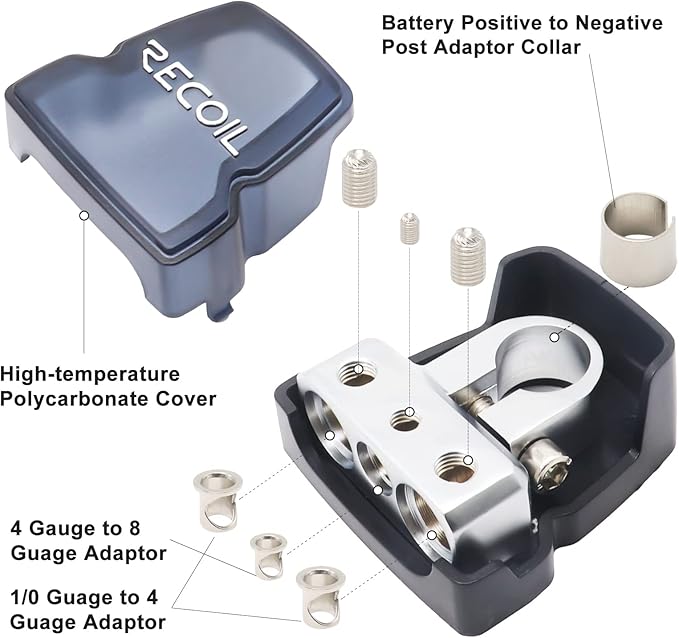 Recoil PBT-S04 2 Pack Premium Solid Brass Positive Negative Battery Terminals Clamps with Two 0/2/4 Gauge Outputs and One 4/8 Gauge Output