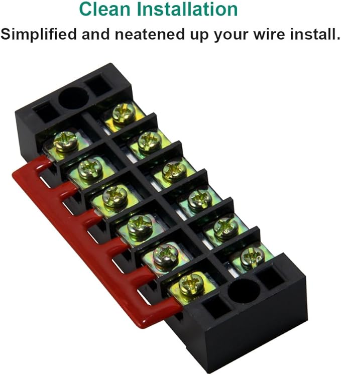 MILAPEAK Terminal Block and Strip - 5pcs 6 Positions 600V 25A Dual Row Screw Terminal Strip with Cover + 10pcs 400V 25A 6 Positions Pre-Insulated Terminal Barrier Jumper Strips Black & Red
