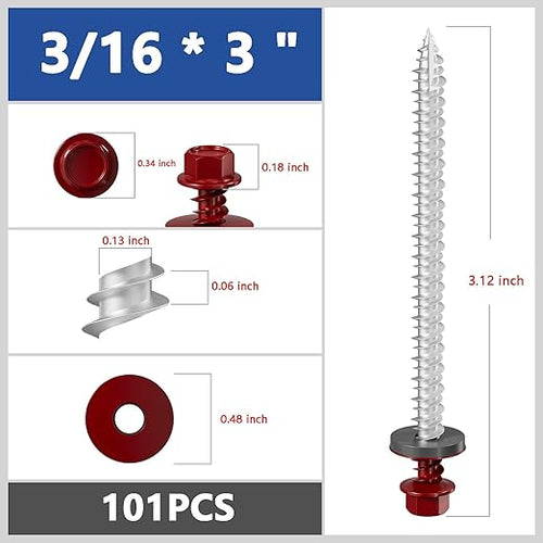 # 3/16 * 3" 101PCS 2lbs Red Hexagonal Metal Sheet roof Screws,#10 * 3 with EPDM washers and Hexagonal self Tapping, Used for Metal to Wood, Corrugated Roofs.5 * 75mm