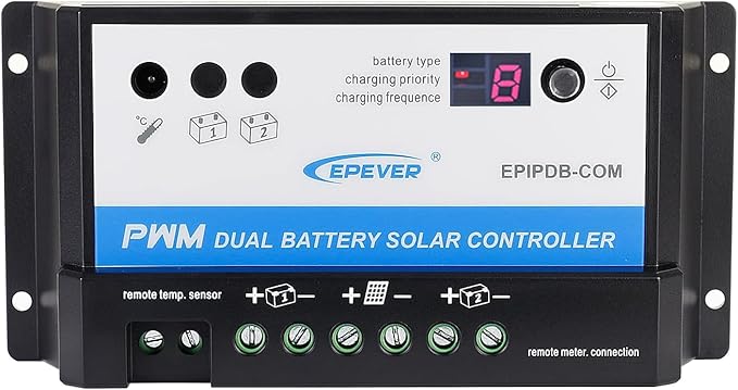 EVPEVER 10A Solar Charge Controller 12V/24V Auto Working Dual Battery Solar Panel Charge Controller PWM 10AMP Intelligent Solar Panel Batteries Regulator for Motorhome, Caravan, Boat