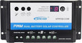 EVPEVER 20A Solar Charge Controller 12V/24V Auto Working Dual Battery Solar Panel Charge Controller PWM 20AMP Intelligent Solar Panel Batteries Regulator for Motorhome, Caravan, Boat