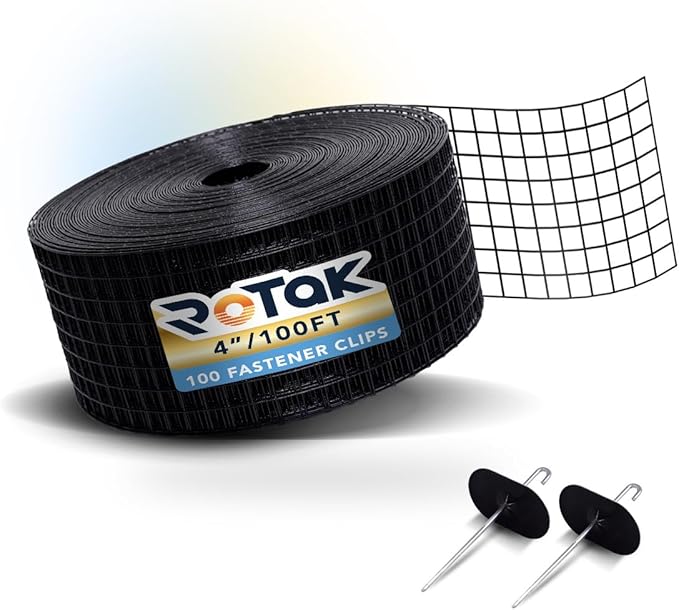 ROTAK Critter Guard - 4in x 100ft Solar Panel Bird Guard with Fastener Clips - Galvanized Black PVC Coated ½ inch Wire Roll Mesh (4" x 100' with 100 Fastener Clips)