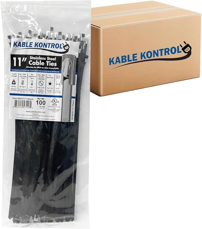 Kable Kontrol Black Metal Zip Ties Bulk Pack - 11" Inch Long 3000 Pcs, 200 Lbs Tensile Strength, Polyester Coated 304 Stainless Steel Cable Ties UV & Chemical Resistance, for Indoor & Outdoor Use