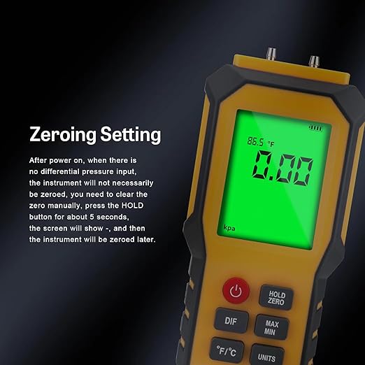 5/16 Inches Diameter Pressure Port Digital Manometer, YZT Meter Dual Port Air Pressure Meter Pressure Gauge HVAC Gas Tester, Differential Pressure Manometer