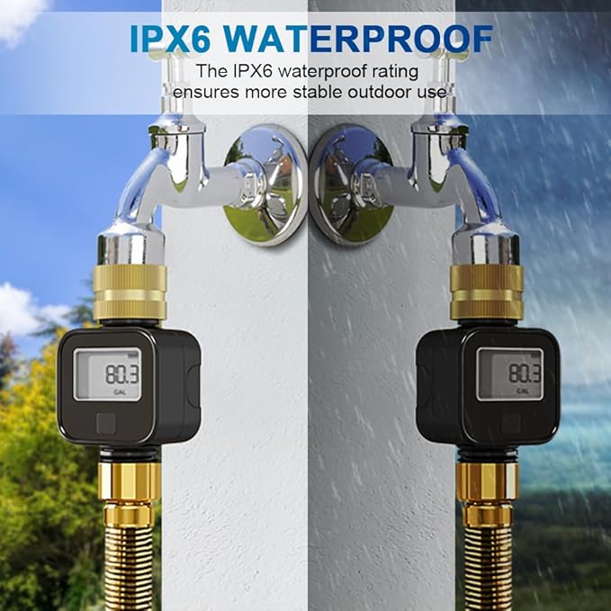 Water Flow Meter with Brass Metal Thread, Measures Gallons/Liters & Flow Rate – Ideal for RV Water Tank Filling, Garden Hose Watering, Lawn Sprinklers & Nozzle Sprayers