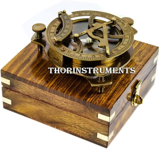 THOR INSTRUMENTS 5" Triangular Nautical Sundial Compass with Level Meter, Encased in Genuine Rosewood Anchor Inlaid Case, Maritime Decor Gift