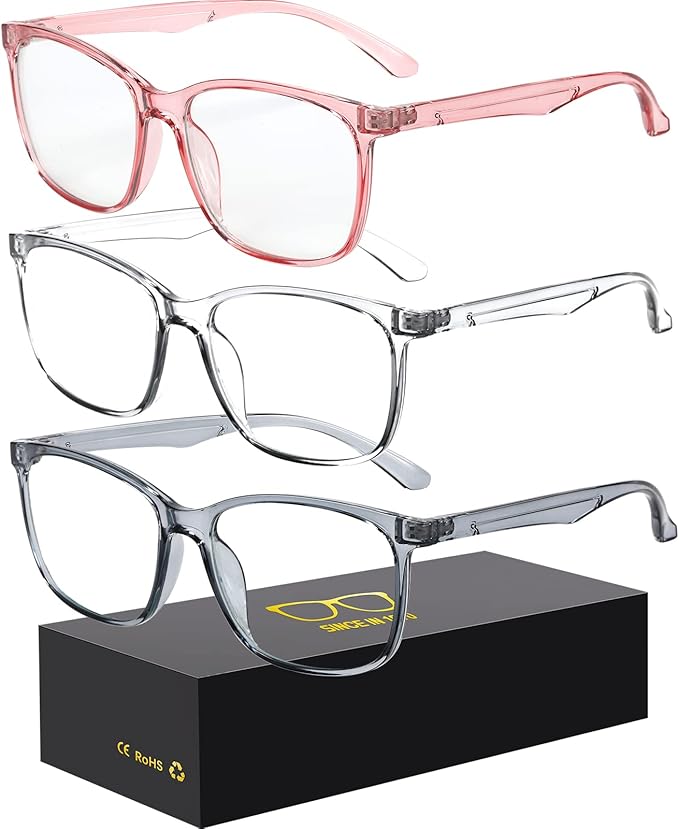 Blue-Light Blocking Glasses Computer Reading/Gaming/TV/Phones Glasses Fashion Anti Eyestrain Glasses for Women Men（D7 Gray + Transparent + Pink）