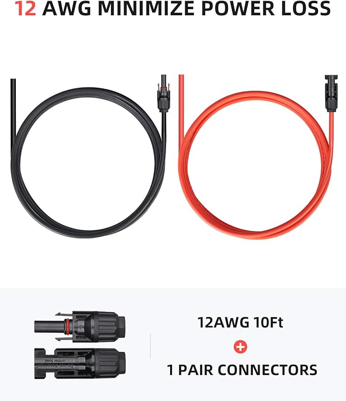 BougeRV 10 Feet 12AWG Solar Extension Cable with Female and Male Connector with Extra Pair of Connectors Solar Panel Adaptor Kit Tool (10FT Red + 10FT Black)