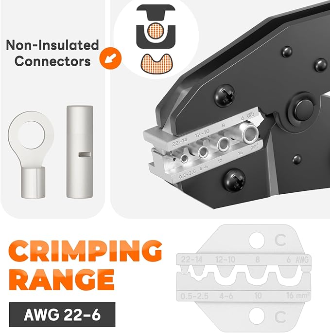 Crimping Tool for Non-Insulated Terminal - AWG 22-6 Ratcheting Wire Crimper Tool - Ratchet Wire Terminal Crimping Pliers - Wire Crimping Tool for Uninsulated Connectors