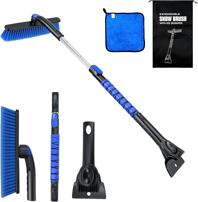 Car Snow Brush and Ice Scraper, Ice Scrapers for Car Windshield, Extendable Snow Brush for Car with Ergonomic Foam Grip and 360° Pivoting Brush Head for Car