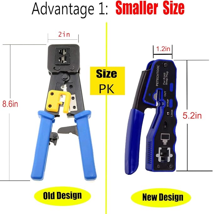 RJ45 Crimp Tool Kit Ethernet Crimping Tool Wire Crimper Stripper Cutter for Cat5e Cat6 Cat6a Pass Thrugh Connectors with 10 pieces Cat6 Connectors and 1 piece mini wire stripper