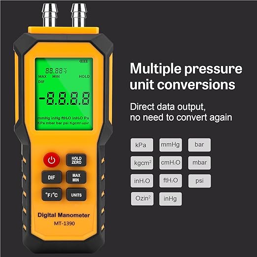 5/16 Inches Diameter Pressure Port Digital Manometer, YZT Meter Dual Port Air Pressure Meter Pressure Gauge HVAC Gas Tester, Differential Pressure Manometer