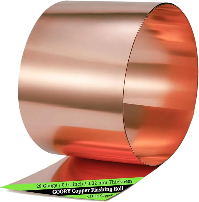 GOORY Copper Flashing 28 Gauge - 10in x 10ft 0.013"(0.32mm) Thickness Roof Flashing Roll - 99.95+% Pure Copper Sheet Metal ASTM B152 - Roofing Repair DIY Project Contractor Jewelry Crafts