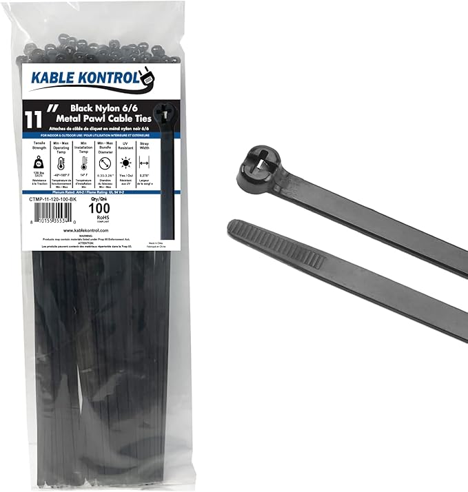 Kable Kontrol Cable Ties with Metal Tooth, 11 Inch 100 Pcs, 120 Lbs Tensile Strength, Metal Pawl, Stainless Steel Toothed Self-Locking Device, UV Resistant Steel Barb Zip Ties - Black