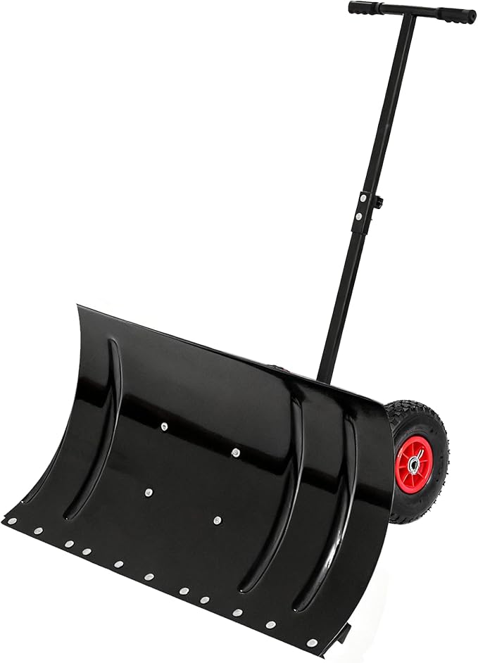 Snow Shovel with 2-Wheel,29in Heavy Duty Snow Plow Hand Pusher for Snow Removal,5 Adjustable Blade Angle & Height Ergonomic Handle,Efficient Clean Tool for Driveway Sidewalk and Pavement
