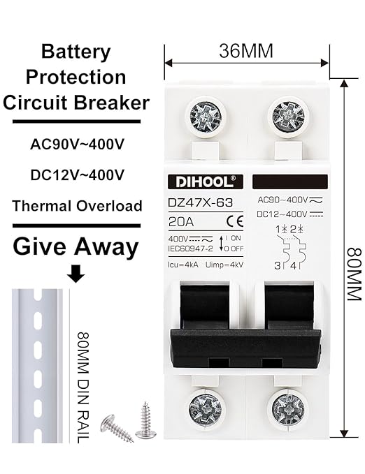 DIHOOL Solar Disconnect Switch, 20 Amp 2 Pole, DIN Rail Mount, Non Polarized, 12V 24V 48V 400V, AC/DC Circuit Breaker, RV Battery Isolator, PV Array MCB, Thermal Magnetic Trip