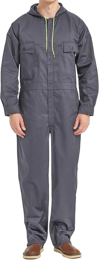 Mens Cotton Blend Long Sleeve Coverall Multi Pockets Zip Overall Mechanic Work Jumpsuit with Hood