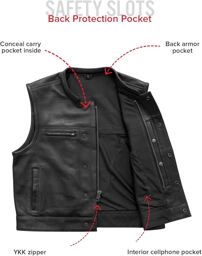First Mfg Co Lowrider Mens Motorcycle Biker Riding Armor Club Style Black Leather, Twill, Moto Mesh, Perforated Vest