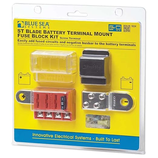 Blue Sea Systems 5024 ST Blade Fuse Block Battery Terminal Mount 4 Way Circuit Kit, 100 Amps