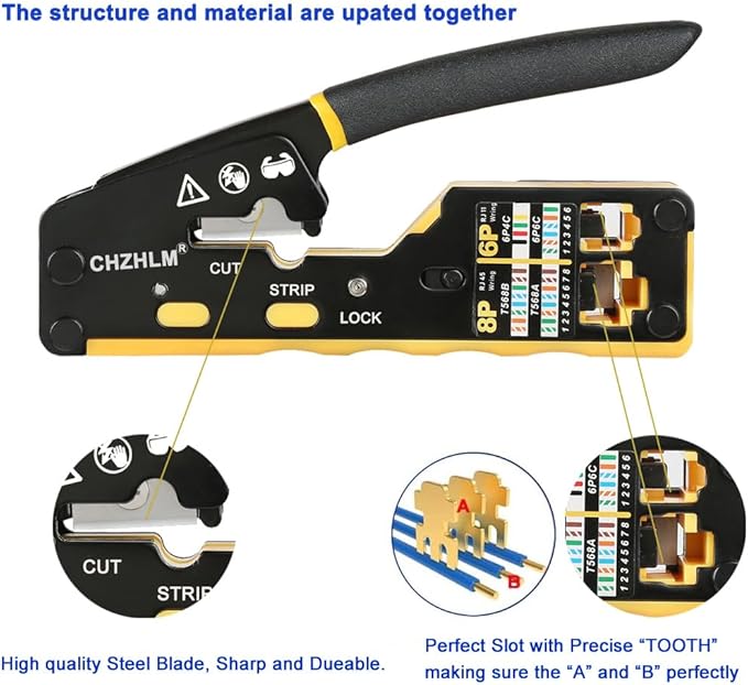 RJ45 Crimp Tool Kit Pass Through Crimper RJ45 Crimping Tool Stripper Cutter Crimper All-in-One for 8P RJ45 Cat5 Cat5e Cat6 6P RJ11/12 Telephone Connectors Network Enthernet Crimper kit