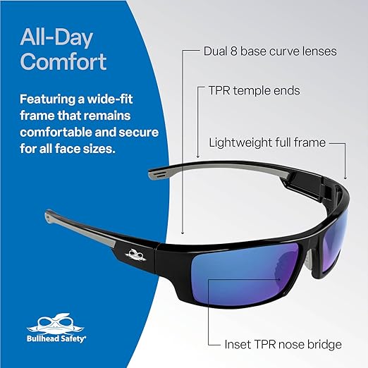 Bullhead Safety Dorado Safety Glasses with Polarized Blue Mirror, Unisex, ANSI Z87, Lightweight and Durable