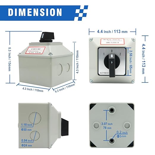 40A Rotary Changeover Switch With Exterior Box, 3 Position 3 Phase 12 Terminals, Universal Selector With AWG 12-10 Yellow Terminals, Cam Box IP65 40/D303.3D