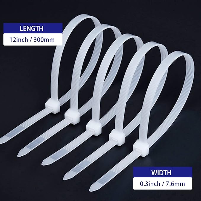 Zip Ties Heavy Duty 12 Inch White Cable Ties, 120 Pounds Tensile Strength, Large Strong Tie Wraps for Indoor and Outdoor Use, UV Resistant, 100 Pack