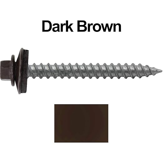 Metal Roofing Screws: (250) 12 x 2 Dark Brown Hex Sheet Metal Roof Screw. Sharp Point Metal to Wood siding Screws. 5/8" EPDM Washer