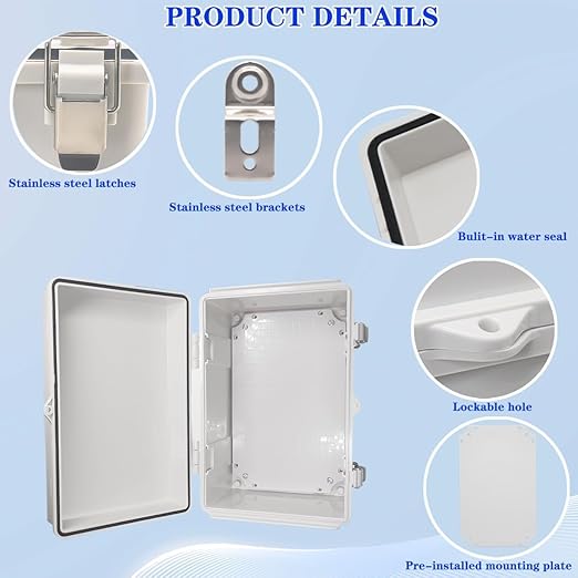 Waterproof Electrical Box, IP67 Junction Box Stainless Steel Latch Hinged Grey Cover Project Enclosure with Wall Bracket 11.8"x7.9"x5.1"