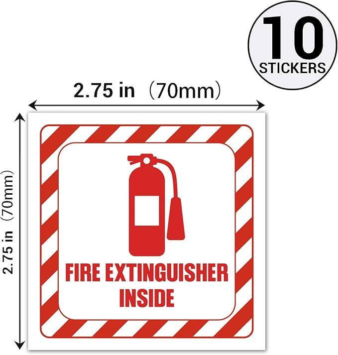 10 Pcs Fire Extinguisher Inside Sign Sticker, Vinyl Safety Signs Decals for Trucks, Cabinets or Equipment, 2.75" x 2.75" Self Adhesive, Weatherproof & UV Protected