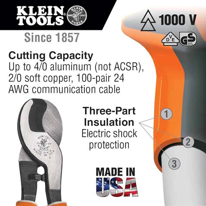 Klein Tools 63050-EINS Electricians Insulated Cable Cutter, Made in USA, Cuts Aluminum, Soft Copper and Communications Cable