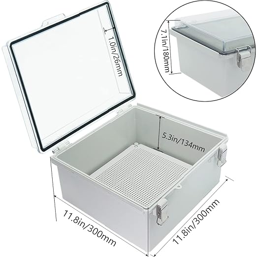 Junction Box, Hinged Clear Cover Stainless Steel Latch IP67 Waterproof ABS Project Box with 2 PG13.5 Cable Gland,Electrical Box Enclosure with Mounting Plate & Wall Bracket 11.8 x 11.8 x