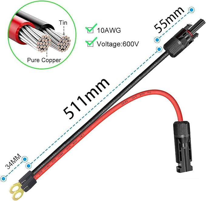 Solar to O Ring Connecter,10AWG 60cm Solar Panel Adaptor Extension Cable,Solar Battery connectors for Solar Generator Inverter Battery Pack Charger
