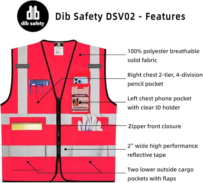 Dib Safety Reflective Vest ANSI Class 2, High Visibility Vest with Pockets and Zipper, Construction Work, Hi Vis