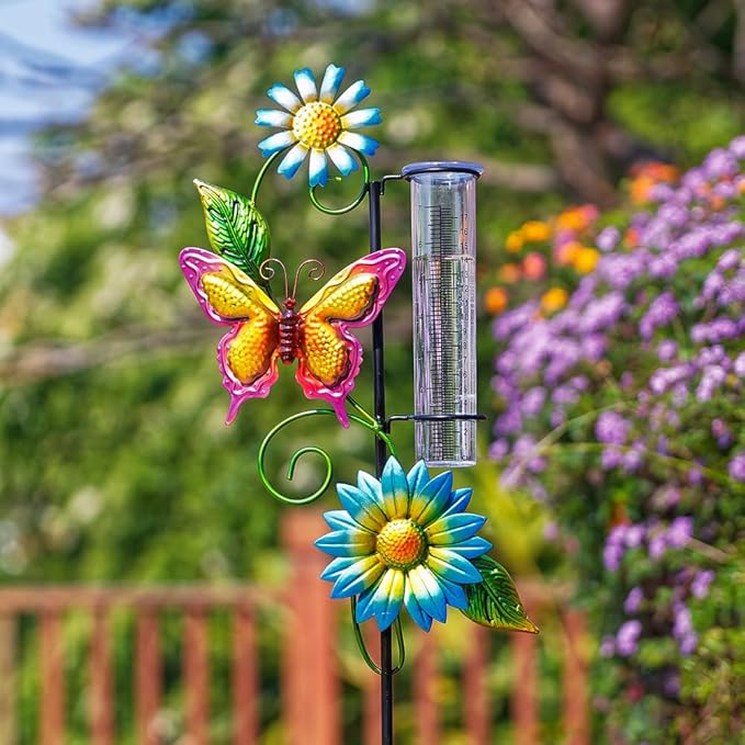 Rain Gauge Outdoor, Butterfly Rain Gauge with Metal Stake, 7 Inch Tube Rainfall Measurement, Decorative Rain Measure Tool for Patio, Lawn, Garden