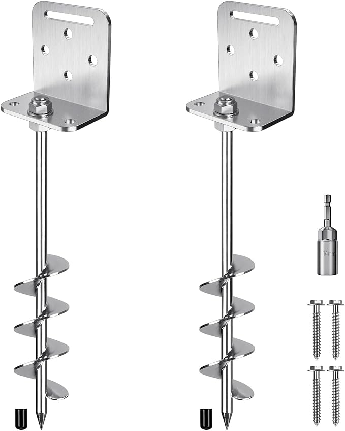 18'' Ground Anchors Screw in 10mm Solid Steel with L Bracket, for Trampoline Mobile Home Swing Set Shed Carport Tent Stakes Earth Anchor Tree, 2" Helix Blade & Chrome Plated Finish, 2Pcs