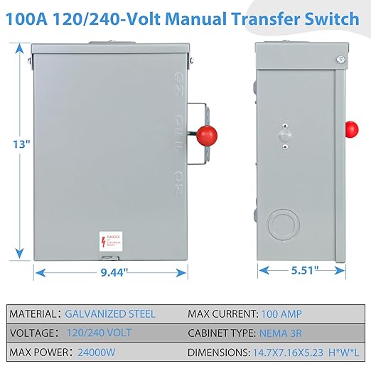 100A Manual Transfer Switch for Generator, Manual Generator Transfer Switch,100 Amp 120/240-Volt 24000W General-Duty Double-Throw Safety Switch, NEMA 3R for Outdoor and Indoor, 2P