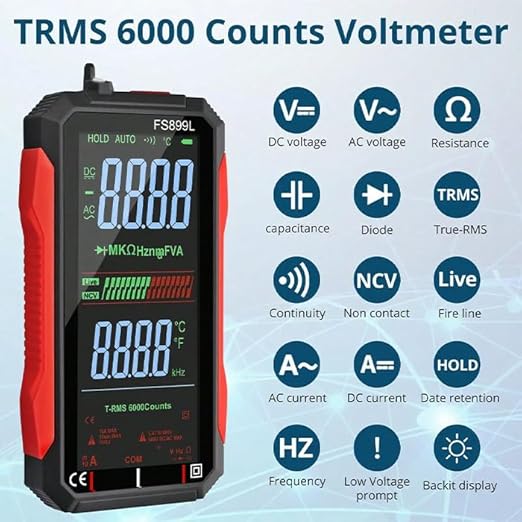 USB Rechargeable Digital Multimeter 6000 Counts Large Color Screen & Backlight FS899L Smart Auto Ranging Multimeter True RMS Digital Voltmeter Multi Meter Digital Tester for Automotive Home