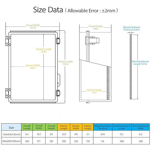 LeMotech Electrical Box, IP67 Waterproof Hinged Clear Cover Stainless Steel Latch Junction Box, ABS Plastic Electrical Enclosure with Mounting Plate,Wall Brackets, Cable Glands,13.8"x9.8"x5.9", Grey