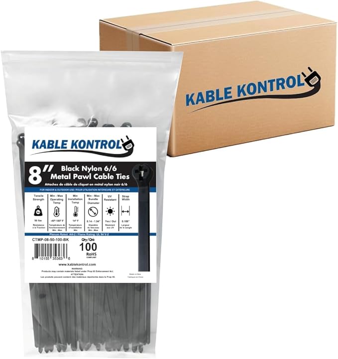 Kable Kontrol Cable Ties with Metal Tooth Bulk Pack, 8 Inch 10,000 Pcs, 50 Lbs Tensile Strength, Metal Pawl, Stainless Steel Toothed Self-Locking Device, UV Resistant Steel Barb Zip Ties - Black