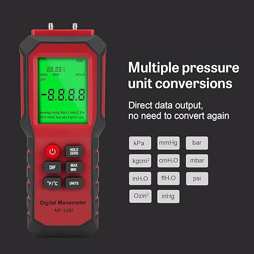 YZT Digital Manometer - Air, Gas Pressure Meter with Differential Gauge and Dual-Port Tester (9v Battery Included)