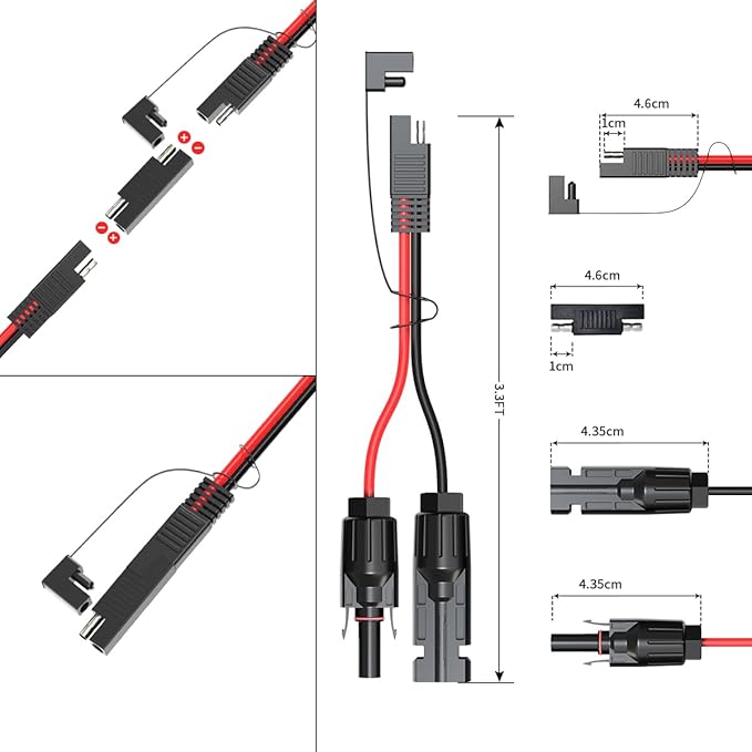 10AWG 3.3FT Solar Connector to SAE Adapter 2 3.3 10 20 35 50 FT SAE Solar Panel Extension Cable with SAE Polarity Reverse Adapter for Solar Panels Car Battery Charger Kit