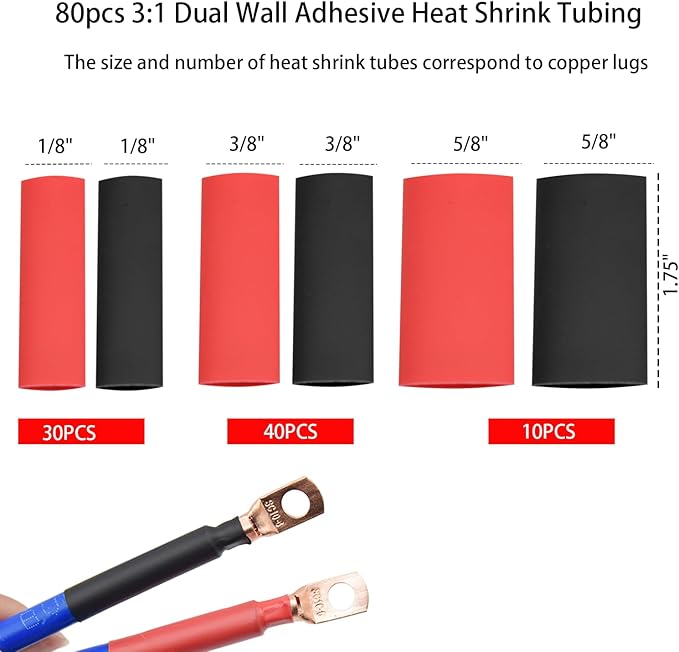 Cable Lug Crimping Tool with 50/100/200Pcs Copper Wire Lugs, Battery Cable Lug Crimping Tool Kit for AWG 10-1/0, Cable Cutter, 80Pcs Heat Shrink Tubing,Battery Terminal Crimper Tool