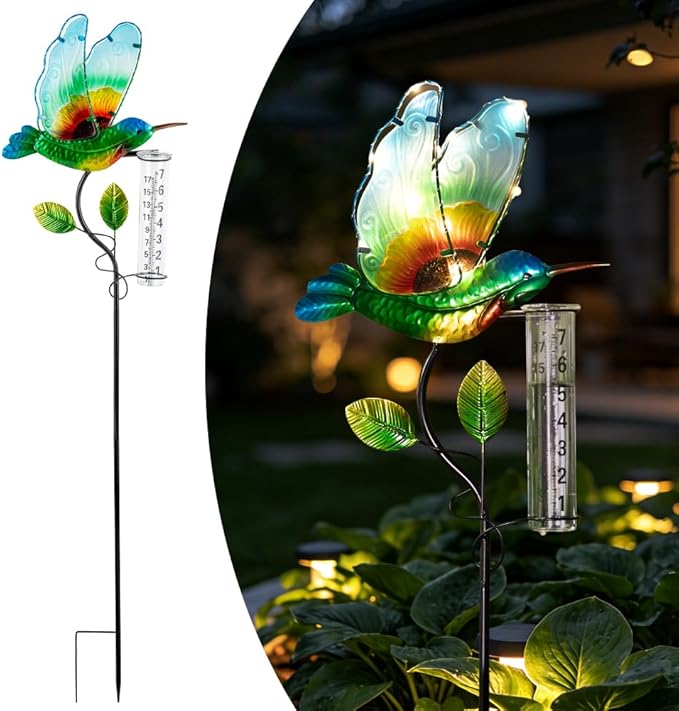 Rain Gauge Outdoor, Solar Hummingbird Rain Gauge with Metal Stake, 7 Inch Tube Decorative Rainfall Measurement, Stained Glass Rain Measure Gauge for Garden, Lawn, Patio