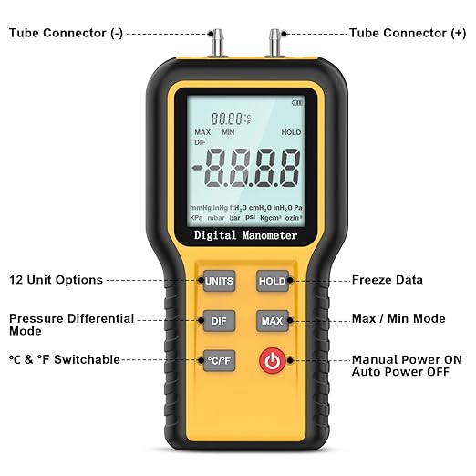 BTMETER Manometer Gas Pressure Meter, Dual Port Manometro Pressure Differential Gauge Check Air Flow Pressure for HVAC Gas Furnace, Digital Manometer w/Backlight 12 Measure Units QX-1201