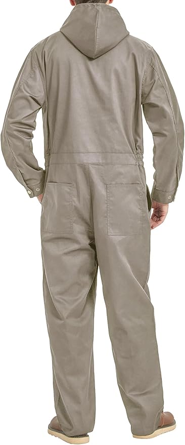 Mens Cotton Blend Long Sleeve Coverall Multi Pockets Zip Overall Mechanic Work Jumpsuit with Hood