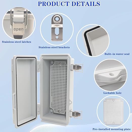 Waterproof Electrical Box, IP67 Junction Box Stainless Steel Latch Hinged Grey Cover Project Enclosure with Wall Bracket 7.9"x3.9"x2.8"
