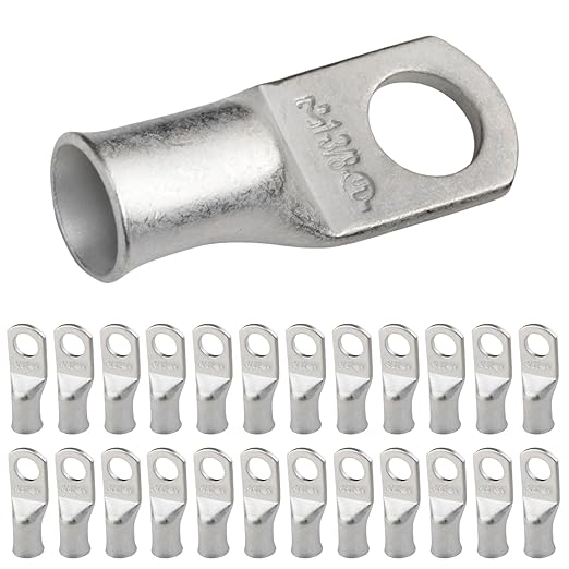 SELTERM 25pcs 1 AWG 3/8" Stud Marine Grade Tinned Copper Battery Cable Lugs, 1 Gauge Ring Terminals, UL Wire Lugs Electrical Battery Cable Ends, Tinned Copper Lugs Battery Terminal Connectors