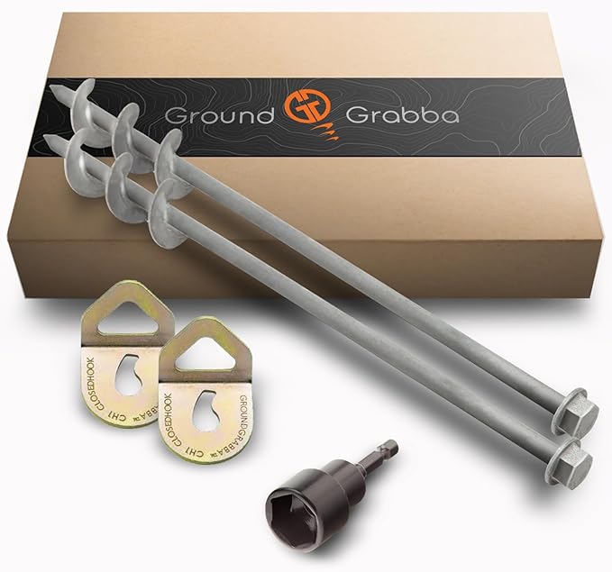 GROUNDGRABBA Screw in Tent Stake for Normal to Hard Ground | Premium Drill Driven Ground Anchor Earth Screws | 2X Pro I Stakes (1.5 Foot), 2X Closed Hooks, 1X 5/8" Hex Socket Driver