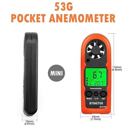 BTMETER Anemometer Handheld Wind Speed Meter, Mini Digital Air Flow Meter with LCD Backlight/Wind Chill & Temp, Max/Avg/Current Mode to Measure Air Flow Velocity for Kayaking Drone HVAC 816B-2pcs